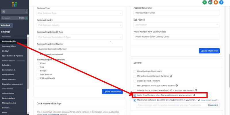 gohighlevel business profile verify email